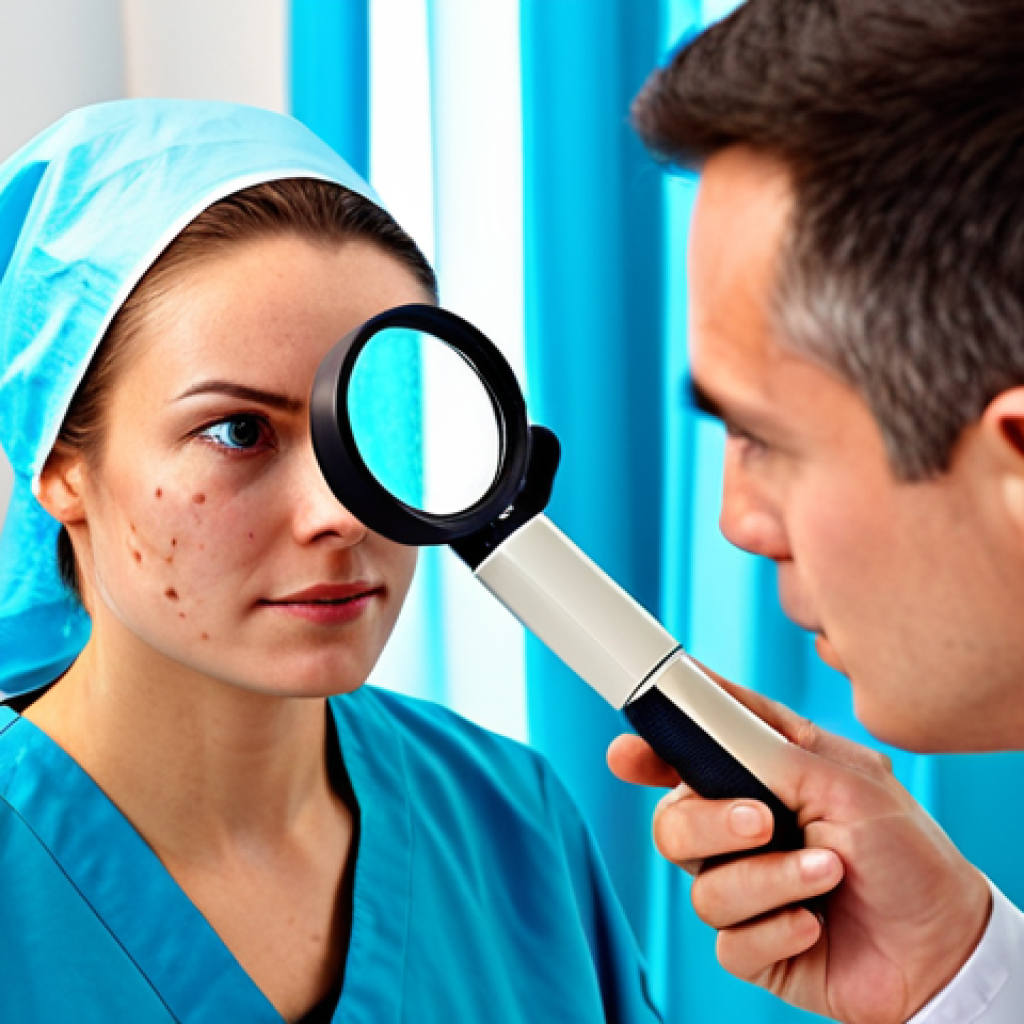 Medical Skin Care Treatment**

A dermatologist examining a patient's face with a magnifying glass in a brightly lit clinic, focusing on acne and blemishes. The patient is fully clothed and wearing a medical gown. The scene includes medical equipment in the background. Emphasis on scientific accuracy and detail. safe for work, appropriate content, fully clothed, professional, perfect anatomy, natural proportions, high quality.

**