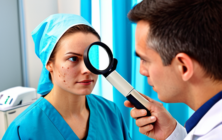 Medical Skin Care Treatment**

A dermatologist examining a patient's face with a magnifying glass in a brightly lit clinic, focusing on acne and blemishes. The patient is fully clothed and wearing a medical gown. The scene includes medical equipment in the background. Emphasis on scientific accuracy and detail. safe for work, appropriate content, fully clothed, professional, perfect anatomy, natural proportions, high quality.

**