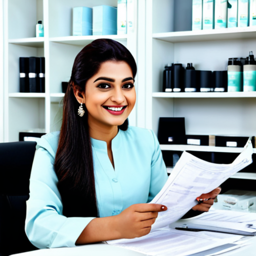 피부관리사의 연말 정산 준비 방법 - "A successful female skincare specialist in a bright, modern salon, reviewing financial documents an...