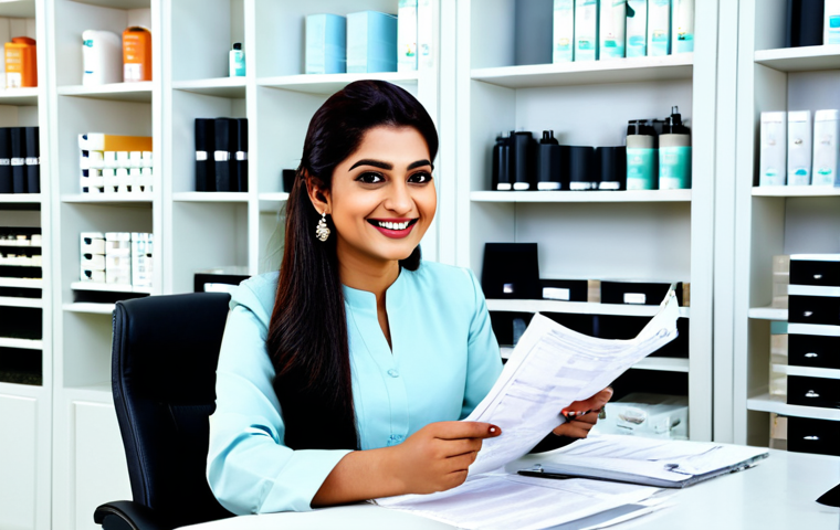 피부관리사의 연말 정산 준비 방법 - "A successful female skincare specialist in a bright, modern salon, reviewing financial documents an...