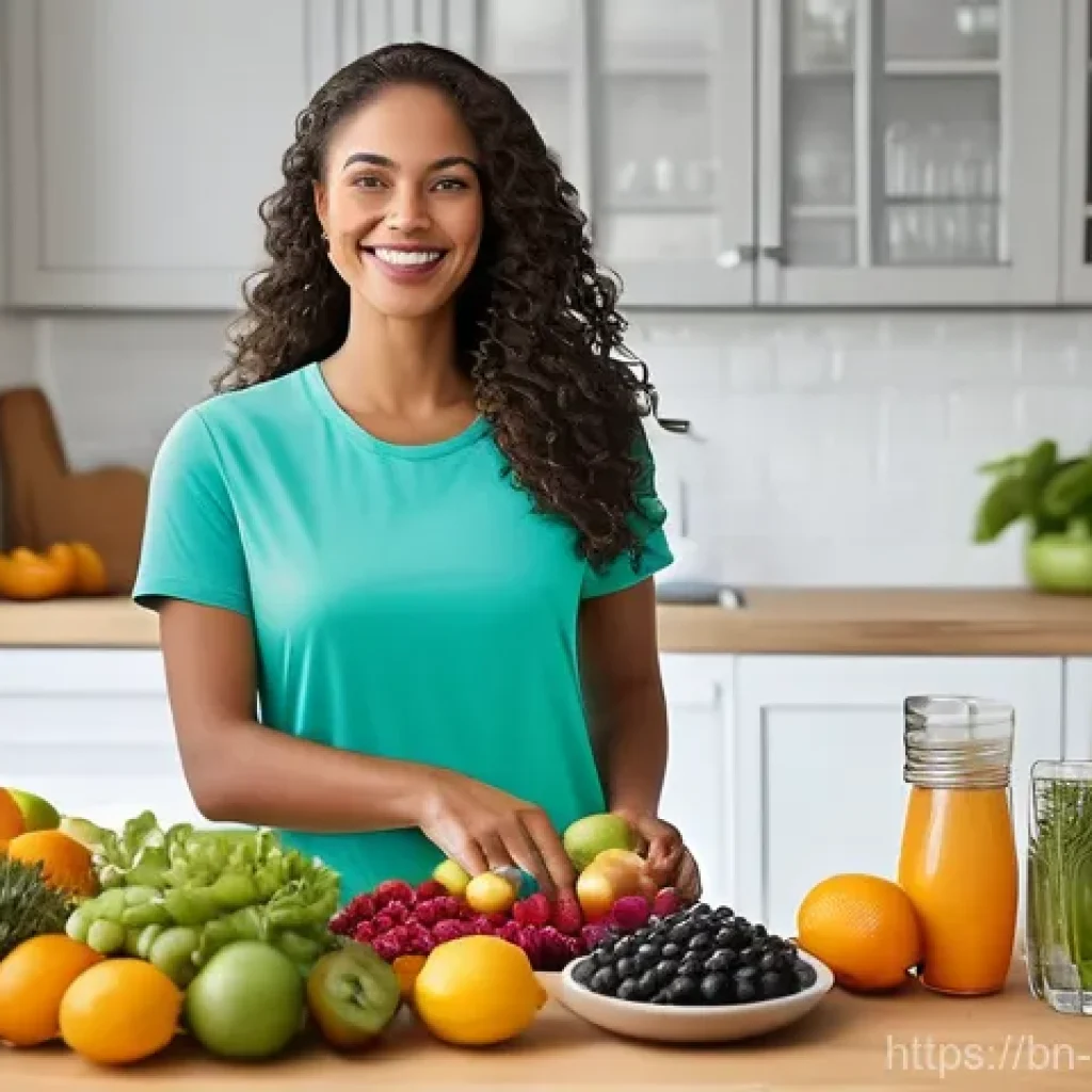 피부관리사의 하루 일과 - **Nourishment & Hydration:** She is shown in a bright, clean kitchen, smiling serenely while holding...