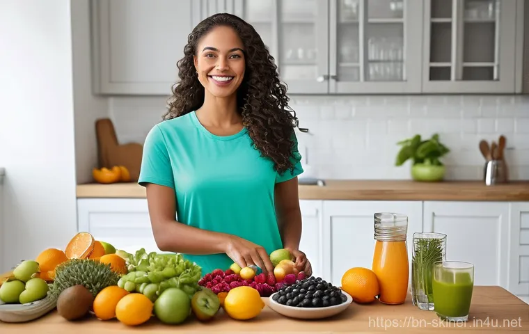 피부관리사의 하루 일과 - **Nourishment & Hydration:** She is shown in a bright, clean kitchen, smiling serenely while holding...