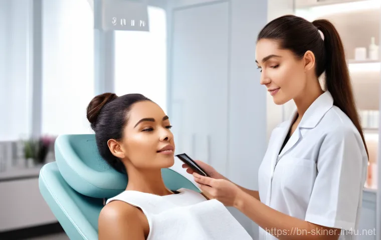 피부관리사의 필수 기술 습득 사례 - **Prompt for Skin Science and Client Education:**
    "A clean, brightly lit, modern dermatology cli...