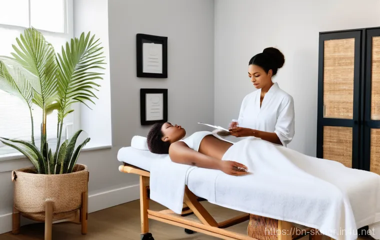 피부관리사의 필수 기술 습득 사례 - **Prompt for Modern Skincare Technology in Use:**
    "A skilled esthetician, wearing a crisp, hygie...