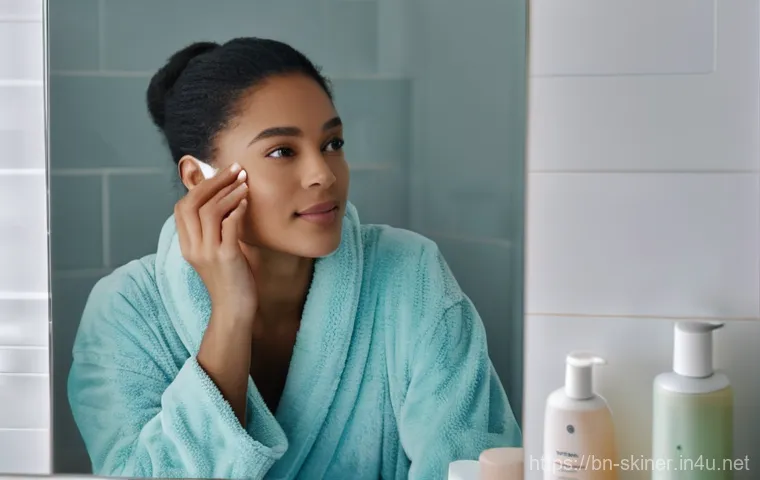 피부관리사의 고객 맞춤 관리 전략 - "A diverse young woman, with a radiant and healthy complexion, gently touching her cheek while looki...