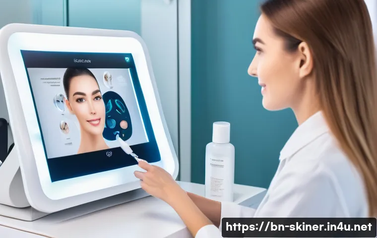 피부관리사의 최신 기술 트렌드 도입 사례 - **Prompt:** A professional female beautician, mid-30s, with a friendly expression, is using a sleek,...